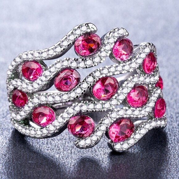 🍂   925 Silver Plated Stylish Red CZ Diamond Ring, FB16FA1103 - Picture 2 of 2